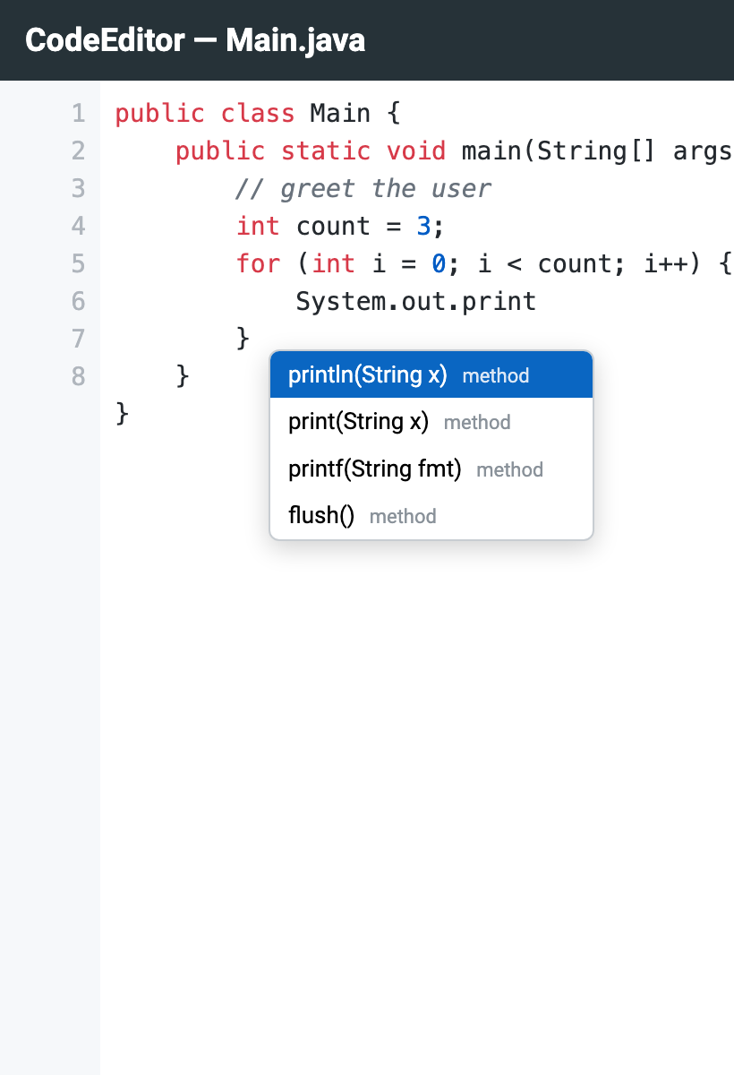 CodeEditor showing Java with the completion popup